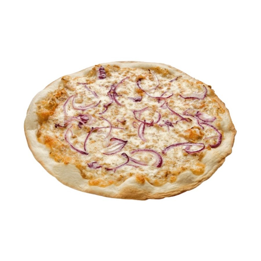 Pizza redonda 28 cm de atún con masa fina.