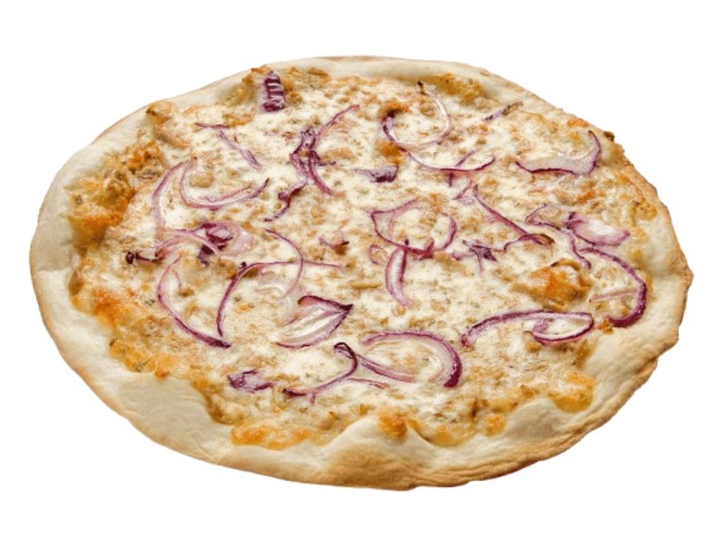 Pizza redonda 28 cm de atún con masa fina.