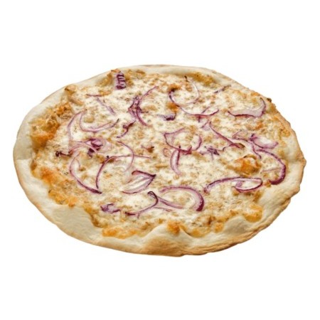 Pizza redonda 28 cm de atún con masa fina.