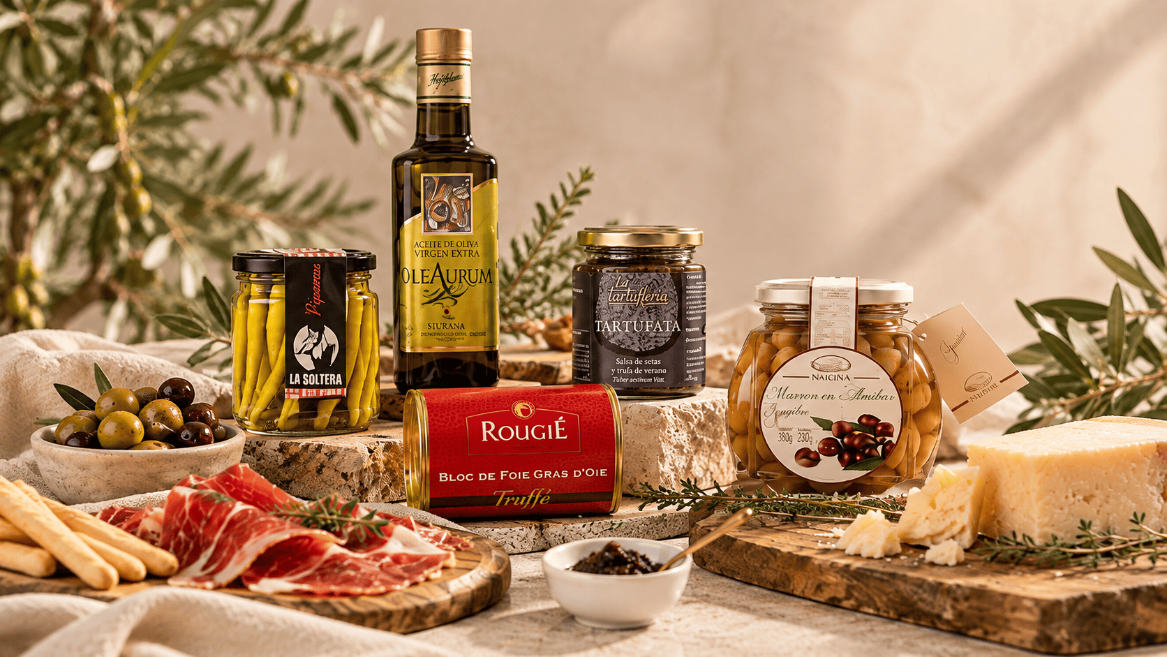 Bodegón con aceite OleAurum, piparras La Soltera, foie Rougié, salsa tartufata y castañas Naiciña, acompañado de jamón, queso y aceitunas.