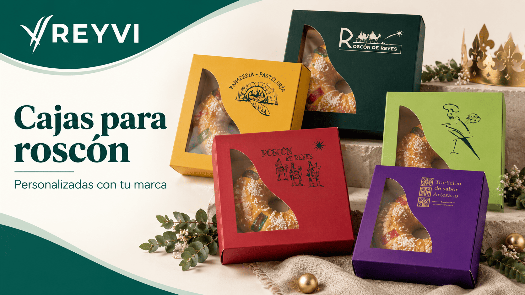 Cajas para roscón con ventana en varios colores y diseños personalizados de Reyvi.